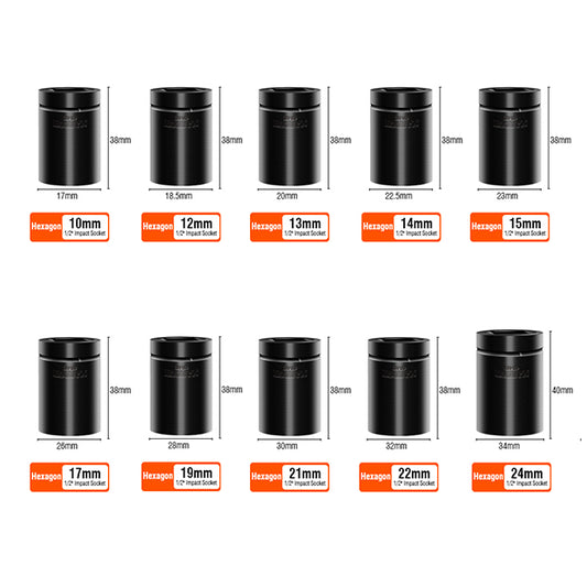 1/2" Impact Socket Set 10Pcs Chrome Molybdenum Steel